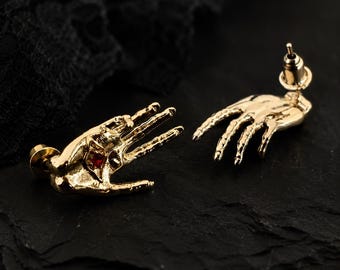 Gothic Hand Stud Earrings, Evil Eye Red Gem Claw Earrings, Silver Gold Black Tone Punk Jewelry, Halloween Gift for Her, Men Women Dark Gift
