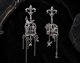 Gothic Silver Birdcage Earrings, Asymmetrical Chain Dangle Earrings, Butterfly Cage Jewelry, Red Accent Gift for Her