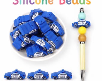 Police Series：3D Blue Police Car，Focus Beads ，Focal Beads，silicone beads，For beaded pens, pet collars, bracelets, and keychains; reusable.