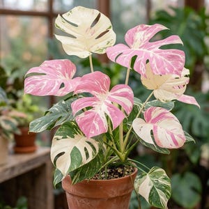 K&ouml;nnte beinhalten: Eine Monstera-Pflanze im Topf mit panaschierten Bl&auml;ttern, die deutliche Muster in Creme, Wei&szlig; und zartem Rosa aufweisen. Die Pflanze steht in einem einfachen Terrakotta-Topf und zeigt gro&szlig;e, geschlitzte Bl&auml;tter mit individuellen Farbvariationen.
