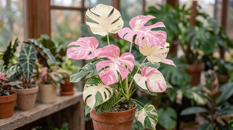K&ouml;nnte beinhalten: Eine Monstera-Pflanze im Topf mit panaschierten Bl&auml;ttern, die deutliche Muster in Creme, Wei&szlig; und zartem Rosa aufweisen. Die Pflanze steht in einem einfachen Terrakotta-Topf und zeigt gro&szlig;e, geschlitzte Bl&auml;tter mit individuellen Farbvariationen.