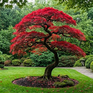 May include: A Japanese maple tree with vibrant red leaves stands as a focal point in a garden. The tree features a curved, dark trunk and a wide, layered canopy. It is surrounded by a green lawn, manicured shrubs, and a stone pathway.