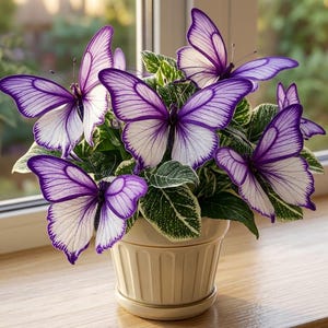 May include: A potted plant featuring several large, artificial butterflies with white and purple-veined wings. The butterflies are perched among green and white variegated leaves. The plant is contained in a cream-colored, ribbed ceramic pot.