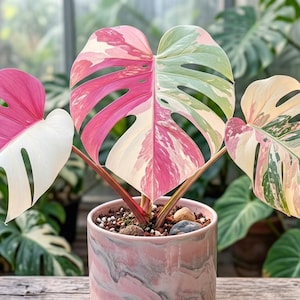 K&ouml;nnte beinhalten: Eine panaschierte Monstera-Pflanze mit drei gro&szlig;en, herzf&ouml;rmigen Bl&auml;ttern, die deutliche Muster in leuchtendem Pink, Cremewei&szlig; und Dunkelgr&uuml;n aufweisen. Die Pflanze steht in einem zylindrischen Keramiktopf mit einer rosa-grauen Marmorierung.
