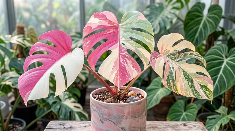 K&ouml;nnte beinhalten: Eine panaschierte Monstera-Pflanze mit drei gro&szlig;en, herzf&ouml;rmigen Bl&auml;ttern, die deutliche Muster in leuchtendem Pink, Cremewei&szlig; und Dunkelgr&uuml;n aufweisen. Die Pflanze steht in einem zylindrischen Keramiktopf mit einer rosa-grauen Marmorierung.