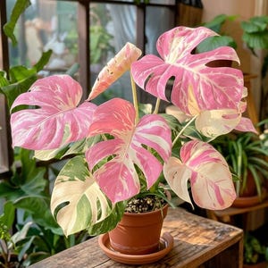 K&ouml;nnte beinhalten: Eine Monstera-Pflanze im Topf mit gro&szlig;en, herzf&ouml;rmigen Bl&auml;ttern, die eine ausgepr&auml;gte Panaschierung in leuchtendem Pink, Cremewei&szlig; und Dunkelgr&uuml;n aufweisen. Die Pflanze steht in einem einfachen Terrakottatopf mit passendem Untersetzer.