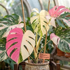 K&ouml;nnte beinhalten: Eine Monstera-Pflanze mit gro&szlig;en, gefensterten Bl&auml;ttern, die panaschierte Muster in Dunkelgr&uuml;n, Cremewei&szlig; und zartem Rosa aufweisen. Die Pflanze steht in einem strukturierten Keramiktopf mit einem kleinen Holzschild mit der Aufschrift Monstera Pink Variegata.