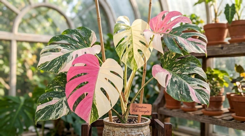 K&ouml;nnte beinhalten: Eine Monstera-Pflanze mit gro&szlig;en, gefensterten Bl&auml;ttern, die panaschierte Muster in Dunkelgr&uuml;n, Cremewei&szlig; und zartem Rosa aufweisen. Die Pflanze steht in einem strukturierten Keramiktopf mit einem kleinen Holzschild mit der Aufschrift Monstera Pink Variegata.