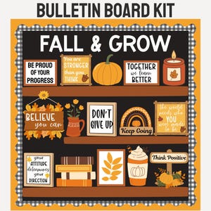 May include: A bulletin board kit featuring a black background with brown shelves holding various autumn-themed items including pumpkins, a candle, books, and signs with text such as FALL & GROW, BE PROUD OF YOUR PROGRESS, and DON'T GIVE UP.