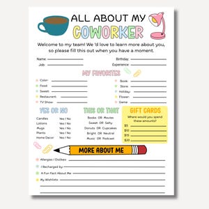 All About My Coworker Questionnaire, New Employee Favorites Form, Office Staff Fun Activity Printable, Canva Editable