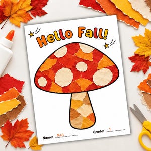 Op de afbeelding: Een knutselblad met de tekst Hello Fall! en een grote paddenstoelillustratie gevuld met een collage van gescheurde rode, oranje en gele stukjes papier. Het blad bevat lijnen voor een naam en een leerjaar, met de naam MIA in het oranje.