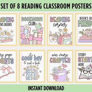 Op de afbeelding: Een set van acht klaslokaalposters met pastelkleurige illustraties van boeken, bloemen en een rups. Elke poster bevat een achtergrond van gelinieerd papier en motiverende teksten zoals Reading Opens Doors, Bookworm Club en Story Starts Here.