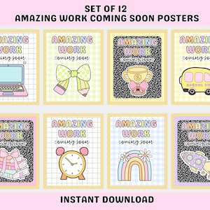 Op de afbeelding: Een set van 12 posters met de tekst Amazing Work Coming Soon, voorzien van kleurrijke illustraties waaronder een laptop, strik, trofee, schoolbus, boeken, wekker, regenboog en raket op achtergronden met ruitjes en zwarte spikkels.