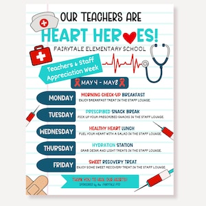 Nurse Theme Teacher Appreciation Week Flyer, Our Teachers Are Heart Heroes, Medical Staff Appreciation Schedule, Editable Canva Poster