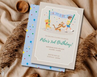 Invitación de cumpleaños de Winnie the Pooh, plantilla editable de Canva de 5x7 pulgadas, invitación para fiesta de cumpleaños infantil, descarga digital.