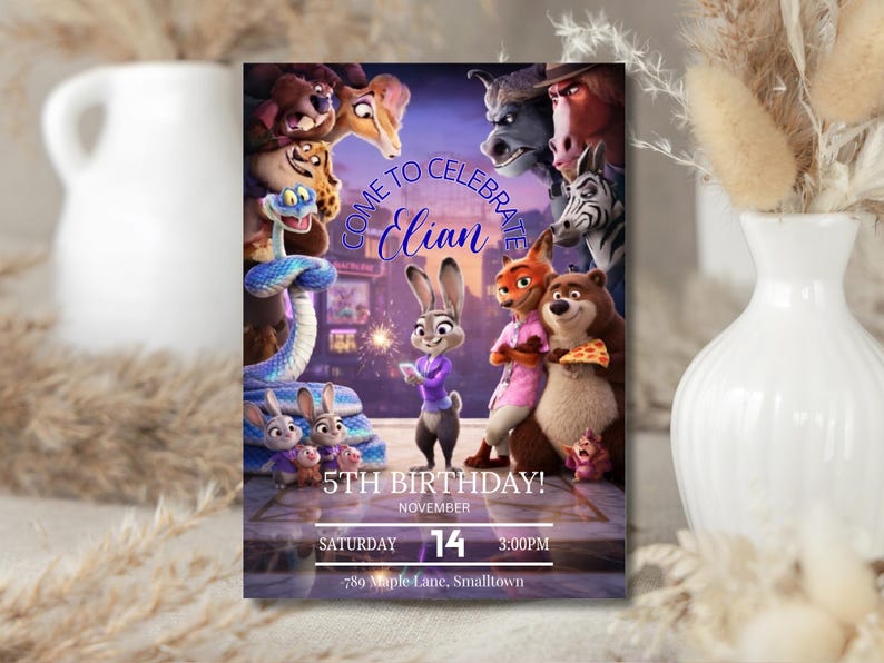 Puede incluir: Una invitaci&oacute;n de cumplea&ntilde;os ilustrada digitalmente con personajes de una popular pel&iacute;cula animada. La invitaci&oacute;n incluye el texto "Come to Celebrate Elian 5th Birthday!" con la fecha y la hora. El dise&ntilde;o est&aacute; sobre un fondo morado y azul.