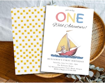 Plantilla editable de Canva para invitación de primer cumpleaños "Wild One", invitación para fiesta de safari en la jungla, descarga imprimible de invitación de primer cumpleaños con temática de aventura.