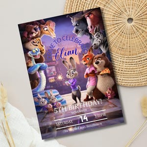 Puede incluir: Una invitaci&oacute;n de cumplea&ntilde;os personalizada con personajes de una popular pel&iacute;cula animada. La invitaci&oacute;n incluye el texto "Come to Celebrate Elian" y detalles para una fiesta de 5 cumplea&ntilde;os el 14 de noviembre a las 3:00 PM.
