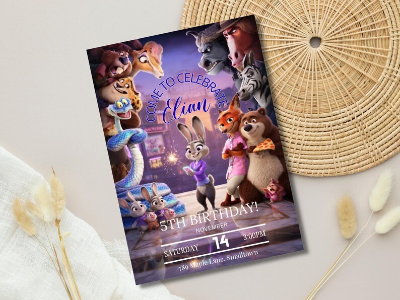 Puede incluir: Una invitaci&oacute;n de cumplea&ntilde;os personalizada con personajes de una popular pel&iacute;cula animada. La invitaci&oacute;n incluye el texto "Come to Celebrate Elian" y detalles para una fiesta de 5 cumplea&ntilde;os el 14 de noviembre a las 3:00 PM.