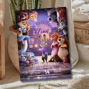 Puede incluir: Una colorida invitaci&oacute;n de cumplea&ntilde;os con personajes de una popular pel&iacute;cula animada. La invitaci&oacute;n incluye el texto "Come to Celebrate Elian" y "5th Birthday!" con la fecha y la hora. El fondo es un paisaje urbano con varios personajes animales.