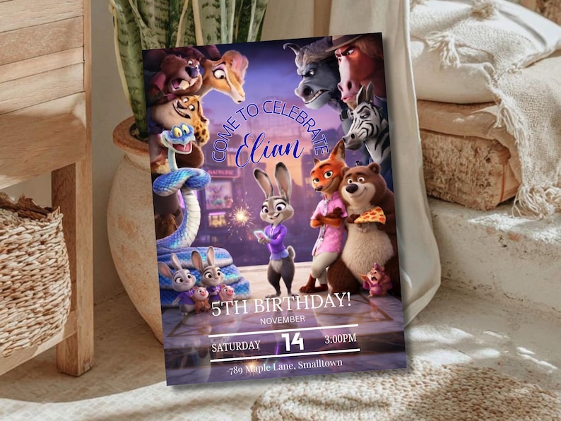 Puede incluir: Una colorida invitaci&oacute;n de cumplea&ntilde;os con personajes de una popular pel&iacute;cula animada. La invitaci&oacute;n incluye el texto "Come to Celebrate Elian" y "5th Birthday!" con la fecha y la hora. El fondo es un paisaje urbano con varios personajes animales.