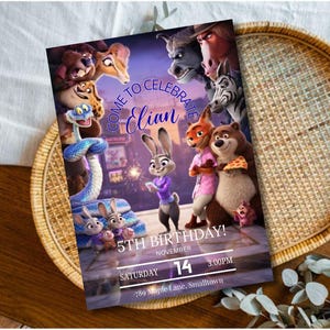 Puede incluir: Una invitaci&oacute;n de cumplea&ntilde;os morada y azul con personajes de una pel&iacute;cula de animaci&oacute;n popular. La invitaci&oacute;n incluye el texto "Come to Celebrate Elian", "5th Birthday!", la fecha, la hora y la direcci&oacute;n.