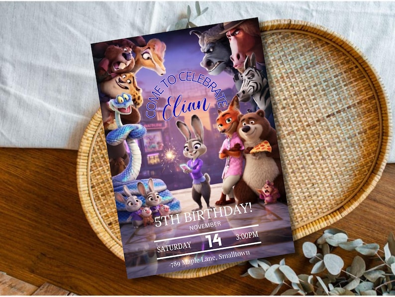Puede incluir: Una invitaci&oacute;n de cumplea&ntilde;os morada y azul con personajes de una pel&iacute;cula de animaci&oacute;n popular. La invitaci&oacute;n incluye el texto "Come to Celebrate Elian", "5th Birthday!", la fecha, la hora y la direcci&oacute;n.