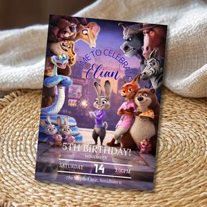 Puede incluir: Una colorida invitaci&oacute;n para una celebraci&oacute;n de 5&ordm; cumplea&ntilde;os. El dise&ntilde;o presenta personajes de dibujos animados de una popular pel&iacute;cula de animaci&oacute;n. La invitaci&oacute;n incluye el nombre "Elian", la fecha, la hora y la direcci&oacute;n.