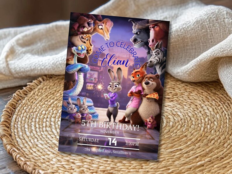 Puede incluir: Una colorida invitaci&oacute;n para una celebraci&oacute;n de 5&ordm; cumplea&ntilde;os. El dise&ntilde;o presenta personajes de dibujos animados de una popular pel&iacute;cula de animaci&oacute;n. La invitaci&oacute;n incluye el nombre "Elian", la fecha, la hora y la direcci&oacute;n.