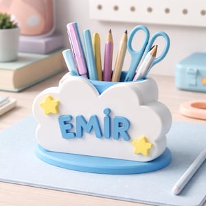 Portalápices personalizado con diseño de nube, organizador de escritorio impreso en 3D y pintado a mano, accesorio de estudio personalizado.