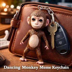 Pode incluir: Um chaveiro de macaco marrom com barriga branca e pés rosa. O chaveiro está preso a uma chave e a um controle remoto do carro. O texto "Dancing Monkey Meme Keychain" está na parte inferior da imagem.