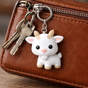 May include: A white goat keychain with a silver keyring, attached to a brown leather wallet. The goat has tan horns, pink inner ears, and a pink nose. The keychain is next to a set of keys.