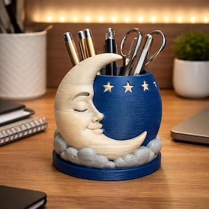 Portalápices con forma de luna creciente pintado a mano, recortes de estrellas, organizador de escritorio celestial