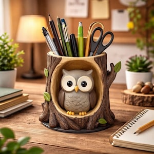 Hand-Painted Owl Tree Hollow Desk Organizer – Forest Spirit Pen Holder