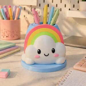 Portalápices Nube Pastel – Organizador de escritorio con mango de arcoíris pintado a mano