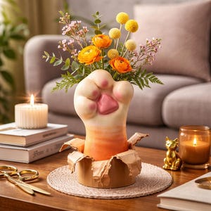Puede incluir: Un jarrón caprichoso con forma de pata de gato, que contiene un vibrante ramo de flores naranjas y amarillas. El jarrón es de color crema con detalles rosas y se encuentra en una base de cartón rasgado. Una vela encendida, una figura de gato dorada y unas tijeras también están sobre la mesa.