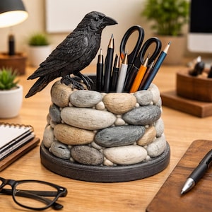 Portalápices de piedra Raven pintado a mano, taza de escritorio estilo guijarro, soporte para artículos de papelería impreso en 3D