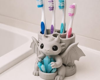 Soporte para cepillo de dientes Dragon Crystal Watcher impreso en 3D - Organizador de lavabo de fantasía pintado a mano para un solo cepillo