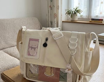 Japanese Harajuku Ita Bag Large Beige Canvas Messenger Bag for Pin Display Y2K School Bag for Photocards Gift for Anime Fans and Collectors