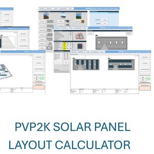 Può includere: Una raccolta di screenshot che mostrano l'interfaccia del software PVP2K Solar Panel Layout Calculator. L'applicazione digitale presenta varie finestre con diagrammi del tetto, configurazioni di pannelli solari e tabelle di dati.