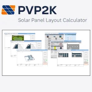 Puede incluir: La interfaz del software PVP2K Solar Panel Layout Calculator muestra múltiples ventanas con diagramas técnicos, disposiciones de cuadrícula y tablas de datos para planificar instalaciones de energía solar en diversas estructuras de techos.