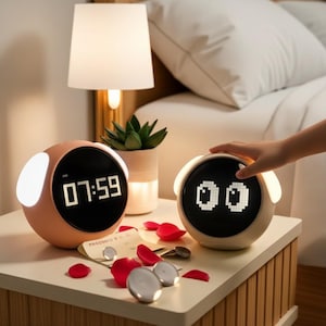May include: Two digital alarm clocks with a rounded design and integrated lights. One clock displays the time 07:59, while the other shows pixelated eyes. The clocks are peach and beige, sitting on a white bedside table with rose petals.