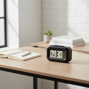 May include: A black digital alarm clock displaying 09:30 AM, June 03. The clock sits on a light brown wooden desk, next to an open notebook and pen. A small plant and books are visible in the background.