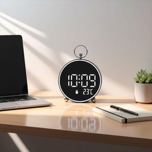 May include: A black and silver digital alarm clock displaying the time 10:09 and a temperature of 23°C. The round clock has a silver handle and rests on three silver feet. A laptop, notebook, pen, and small plant are also on the desk.