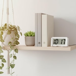 May include: A white digital alarm clock displaying 10:17 sits on a light wood shelf. Two books and a small potted succulent are also on the shelf. A hanging macrame planter with a trailing green plant is on the left.