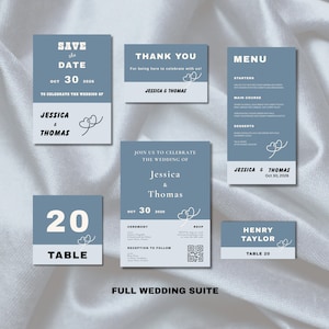 May include: A wedding stationery suite featuring dusty blue and white cards with two interlocking heart line drawings. The set includes a Save the Date, Thank You card, menu, table number, invitation, and place card, all printed with the names Jessica and Thomas.