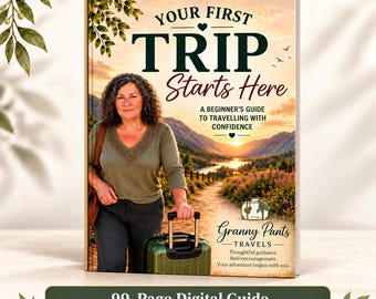 May include: A digital guide titled Your First Trip Starts Here, featuring a person with curly hair wearing a green top and dark trousers, holding a green suitcase on a dirt path. The cover includes text, a mountain landscape, and the Granny Pants Travels logo.