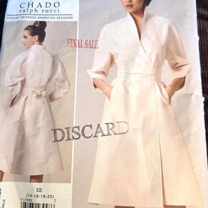 Vogue V1239, vestido y cinturón, vestido cruzado, patrón de costura, Chado Ralph Rucci, inglés, francés, sin cortar, doblado de fábrica, talla 14-20