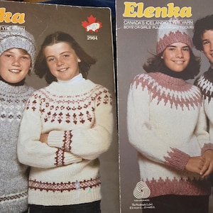 May include: Two vintage knitting pattern booklets titled "Elenka" featuring images of children wearing Icelandic-style sweaters and hats. The booklets are labeled "Canada's Icelandic Type Yarn" and include the numbers 2904 and 2901.