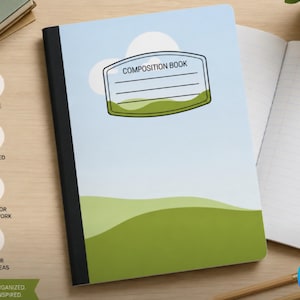 May include: Composition notebook with a sky and green landscape design. The cover features a label that reads "COMPOSITION BOOK". The notebook has a black spine and wide ruled pages. The notebook is durable and great for notes and ideas.